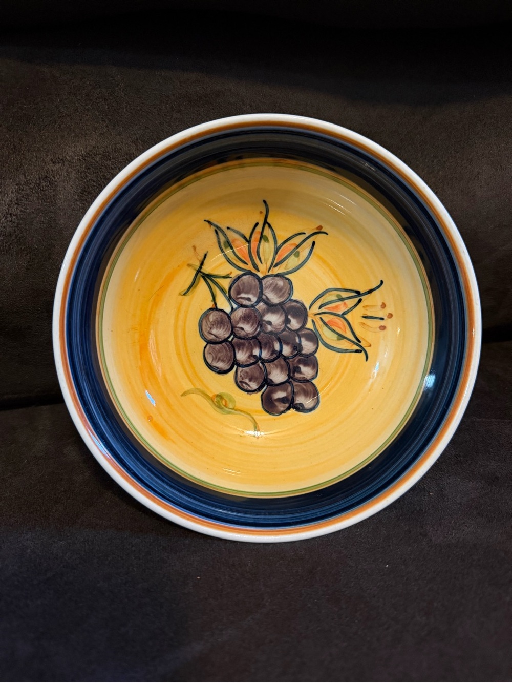 Vintage Gibson Hand Painted Grape Motif Bowl Yellow Navy Blue Ceramic